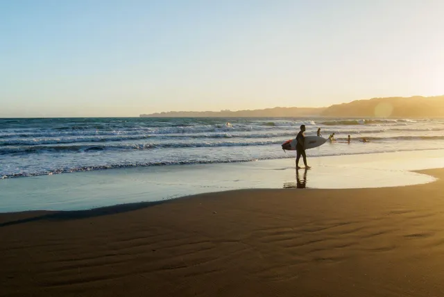 ビーチを歩くサーファー