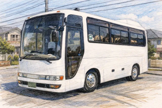 住宅街を走る白い小型バスの写実的な色鉛筆スケッチ