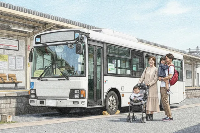 大多摩霊園への送迎バスに乗る家族