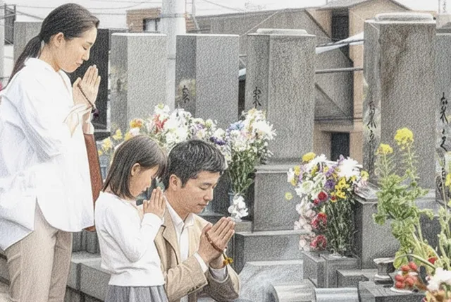 家族がお墓の前で手を合わせる