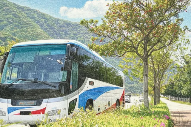 山間を走る大型バス