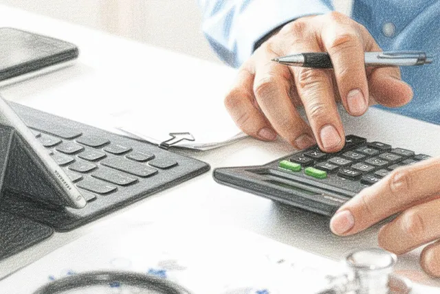 電卓で計算をする男性