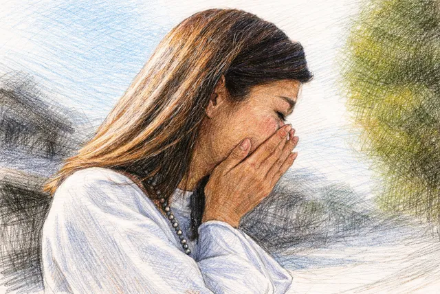 口元を手で隠して横を向く女性