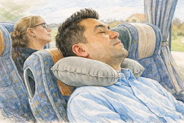 バス車内で昼寝をしてリラックスする乗客たち