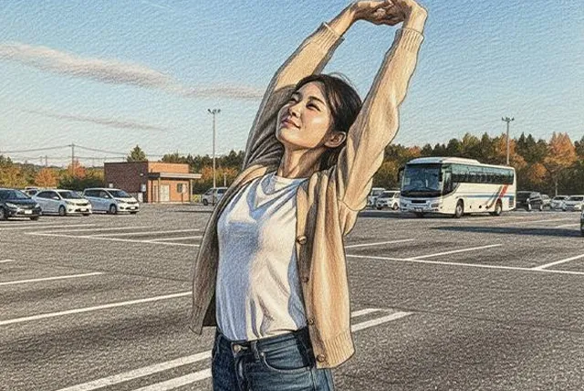 バス酔いしてしまったため休憩中に外に出て深呼吸する女性