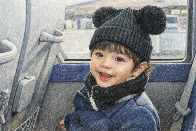 バスの座席で微笑む少年の様子