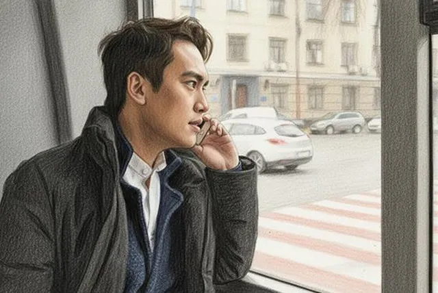 バスに乗って電話をする男性