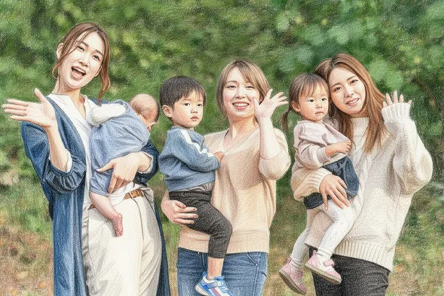 子供を抱っこする3人のお母さん