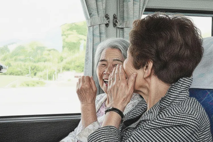 バスの車内で会話を楽しむ女性