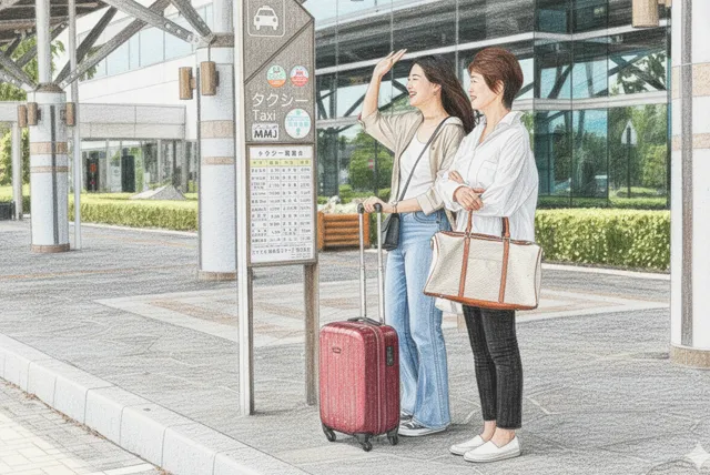 空港でタクシーを待つ二人の女性