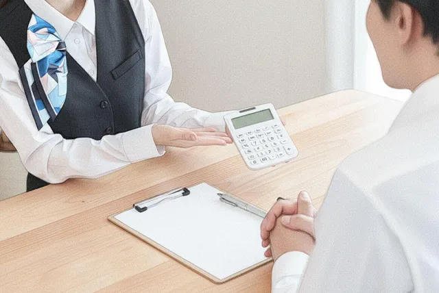 電卓で見積を提示する女性