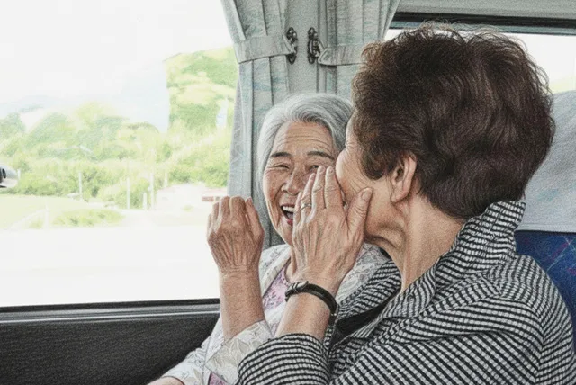 バスの車内で談笑する二人の女性