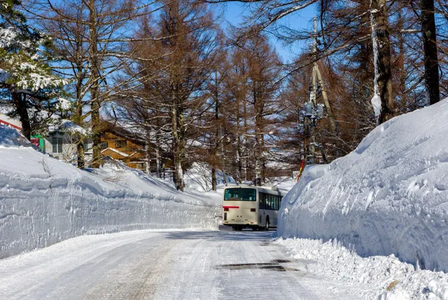 雪に覆われた道を走るバス