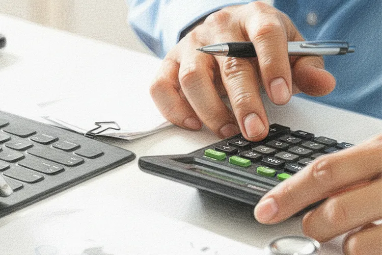 電卓で計算する男性