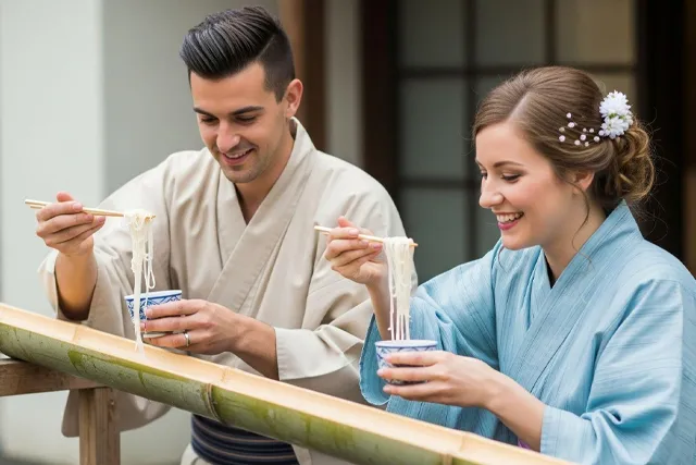 流しそうめんを体験する外国人カップル