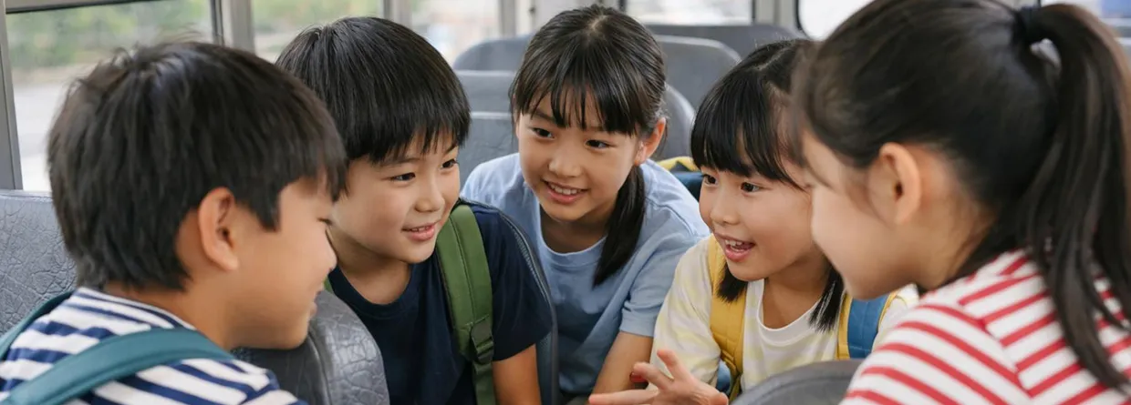 貸切バスの車内で班ごとに相談しながらバスレクに参加する小学校中学年の児童