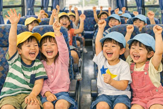 貸切バスの車内で手を挙げてクイズに答える小学校低学年の子どもたち