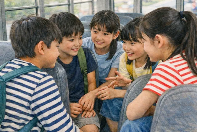 貸切バスの車内で班ごとに相談しながらバスレクに参加する小学校中学年の児童