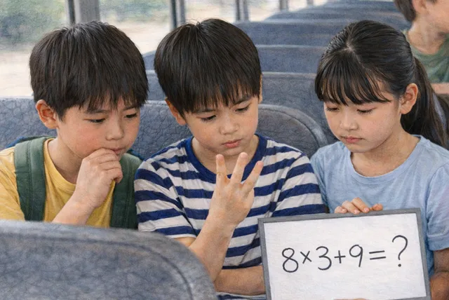 貸切バスの中で推理クイズを真剣に考える小学校高学年の子どもたち