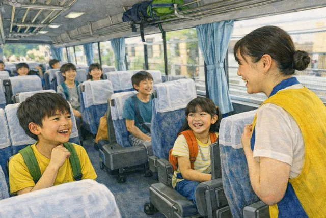 小学生のバス遠足で、車内の通路に立つ先生と楽しそうに会話する子どもたち
