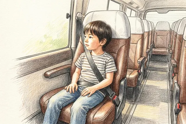 バス車内から外を見つめる子ども